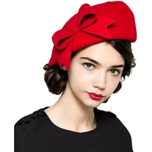 Wool Beret Bowknot Decor French Style Beret Cap Elegant Solid Color Painter Cap Winter Vintage Fascinator Hats For Women