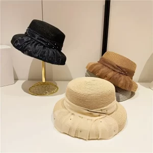 Elegant Hepburn Style Sun Hat Mesh Ribbon Rhinestone Decor Straw Hat Wide Brim UV Protection Summer Travel Beach Hats For Women