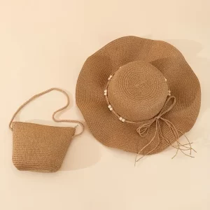 1pc Stylish Women's Wooden Bead Bow Decorated Sun Hat - Sun Protection & Wave Brim Straw Hat